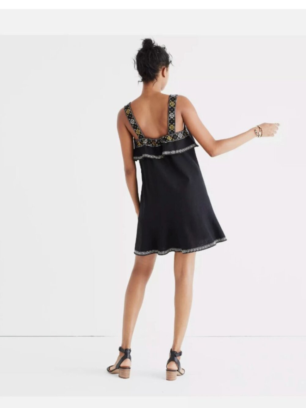 Madewell Linen-Blend Embroidered Ruffle Mini Dress Black XL Size 14 - 16 - Picture 2 of 7